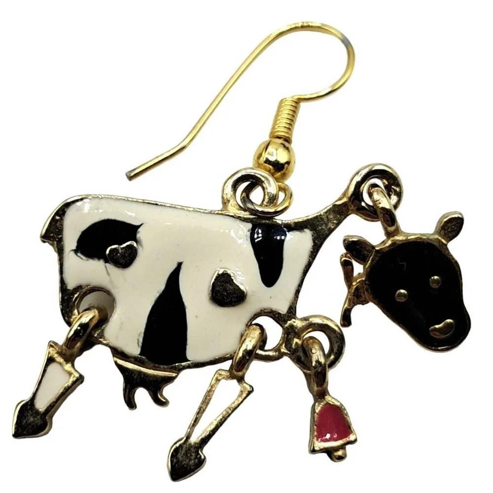 Enamel Cow Earrings Articulating Pierced Novelty Signed Jewelry‎